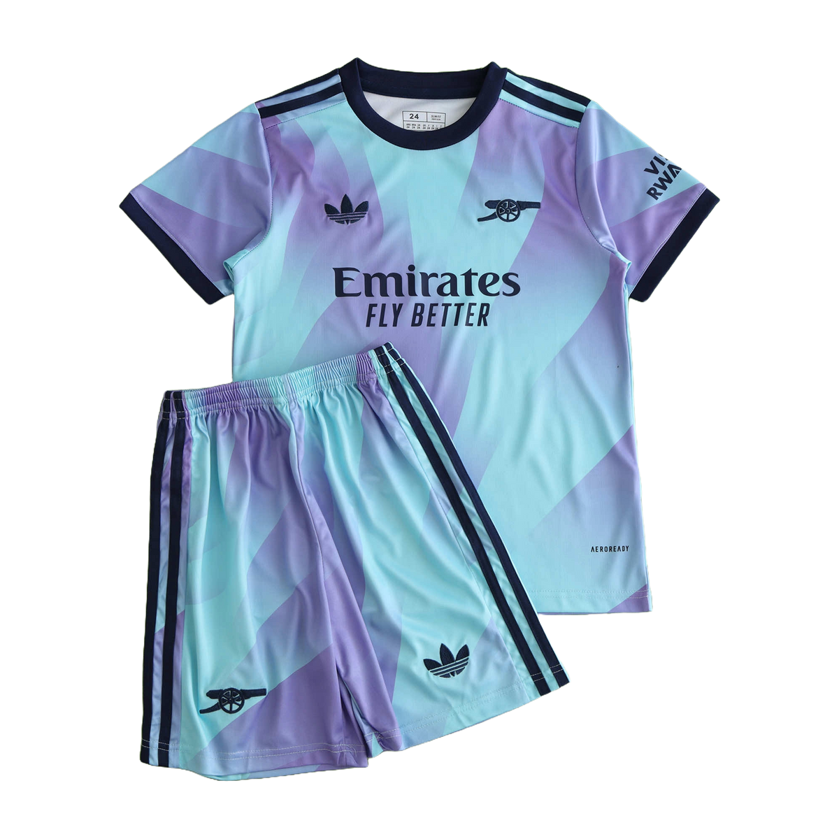 Arsenal Away Kids Kit 2024/25 - Aqua And Purple