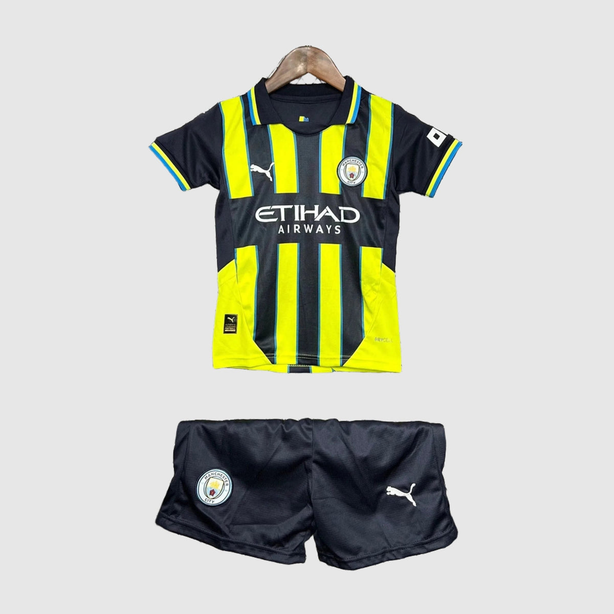Manchester City Away Kids Kit 2024/25 - Navy And Yellow Stripes